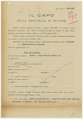 Decreto di confisca dei beni di Aurelia Josz da parte del capo della provincia di Milano, 10 luglio 1944